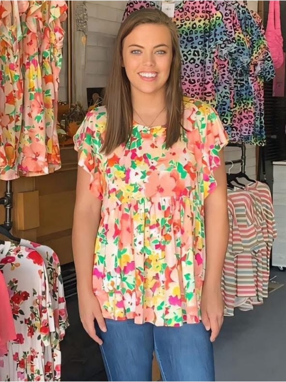 Floral Ruffle Sleeve Babydoll Tunic Top – Multiple Sizes